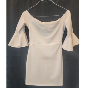 Missguided Peach Honeycomb Mesh Off Shoulder Bell Sleeve Bodycon Mini Dress US 8